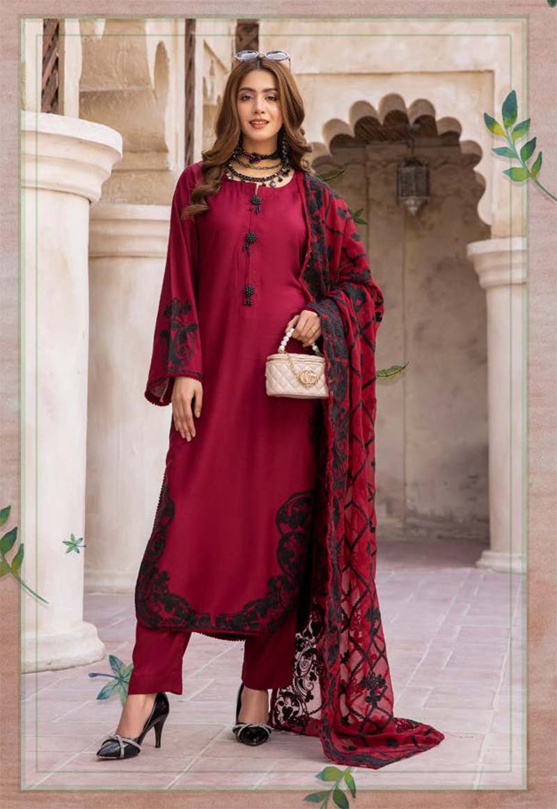 Khoobsurat Maroon Mummy & Kids 3 Piece Suit With Embroidered Dupatta - Desi Posh