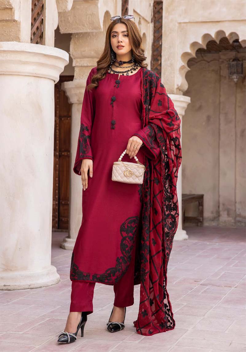 Khoobsurat Maroon Mummy & Kids 3 Piece Suit With Embroidered Dupatta - Desi Posh