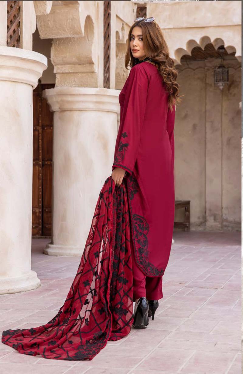 Khoobsurat Maroon Mummy & Kids 3 Piece Suit With Embroidered Dupatta - Desi Posh