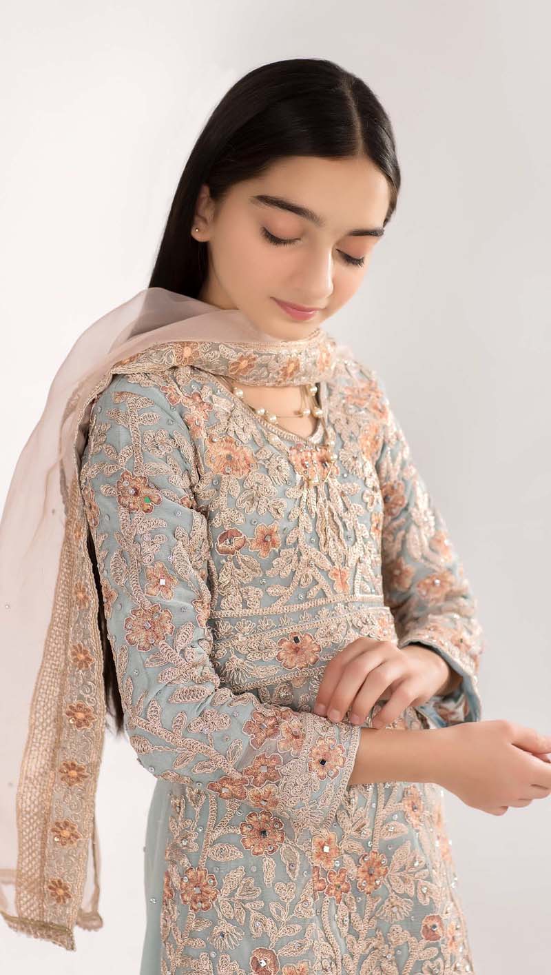 Simrans Mummy & Me Formal Mint Girls Long Gown Suit - Desi Posh