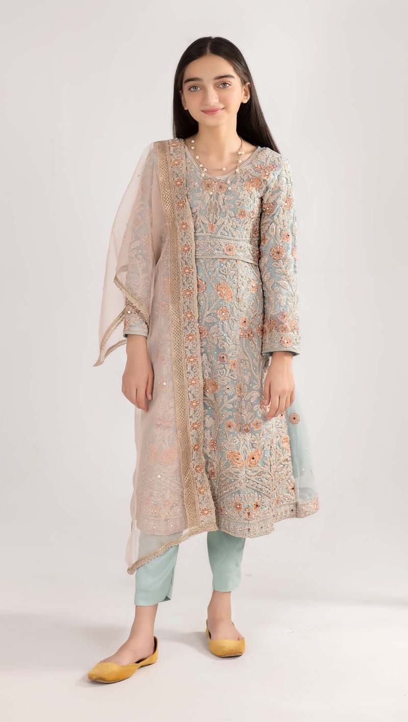 Simrans Mummy & Me Formal Mint Girls Long Gown Suit - Desi Posh