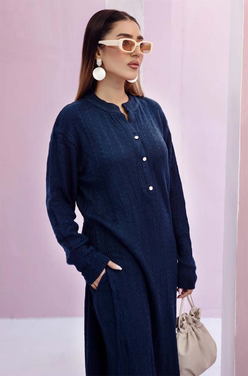 Savera Knitted Long Co ord Set Teal Blue - Desi Posh
