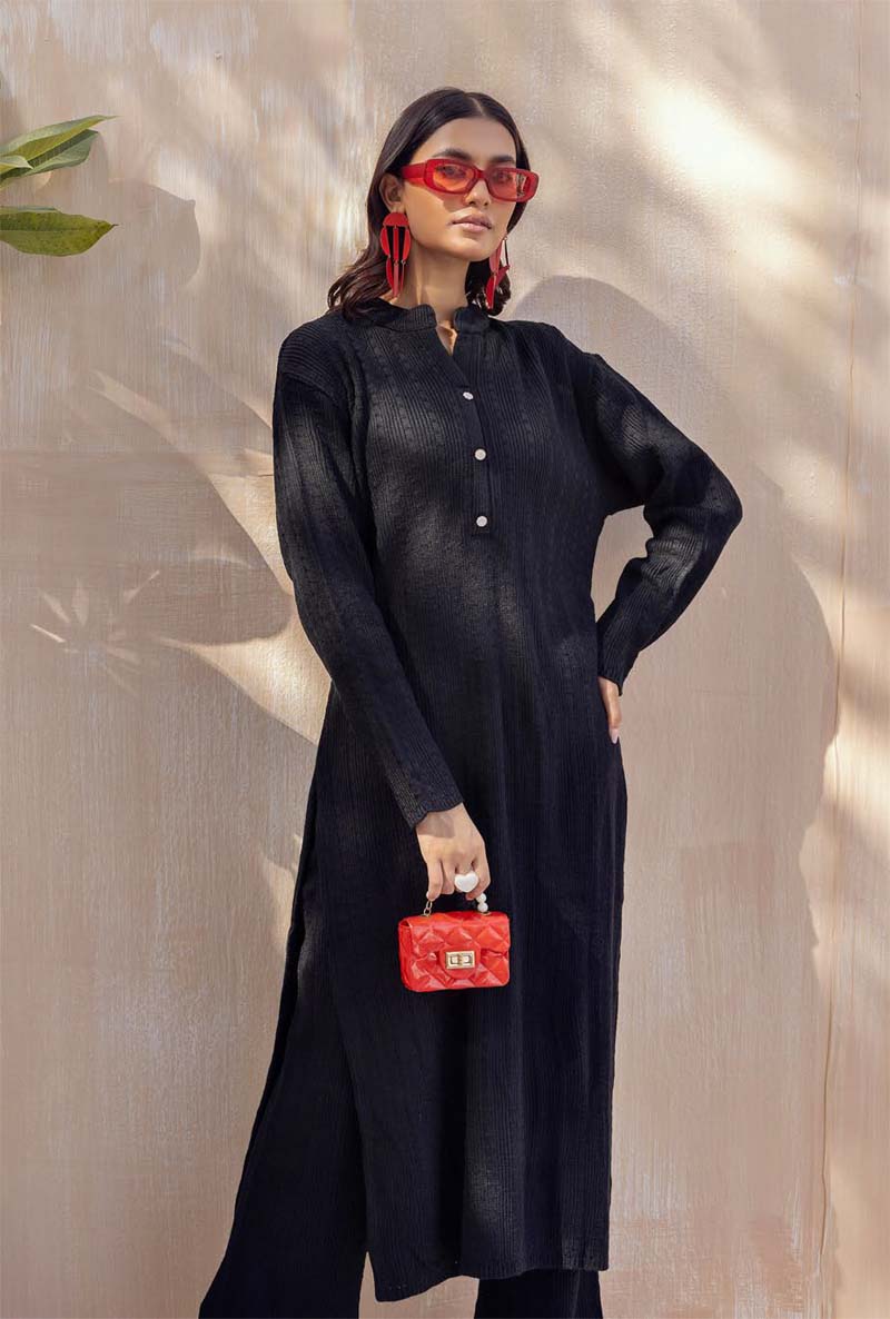 Savera Knitted Long Co ord Set Black - Desi Posh