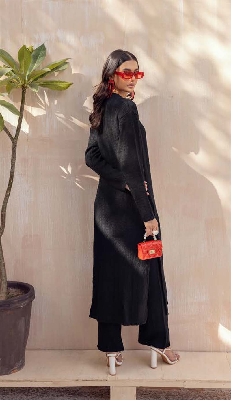 Savera Knitted Long Co ord Set Black - Desi Posh