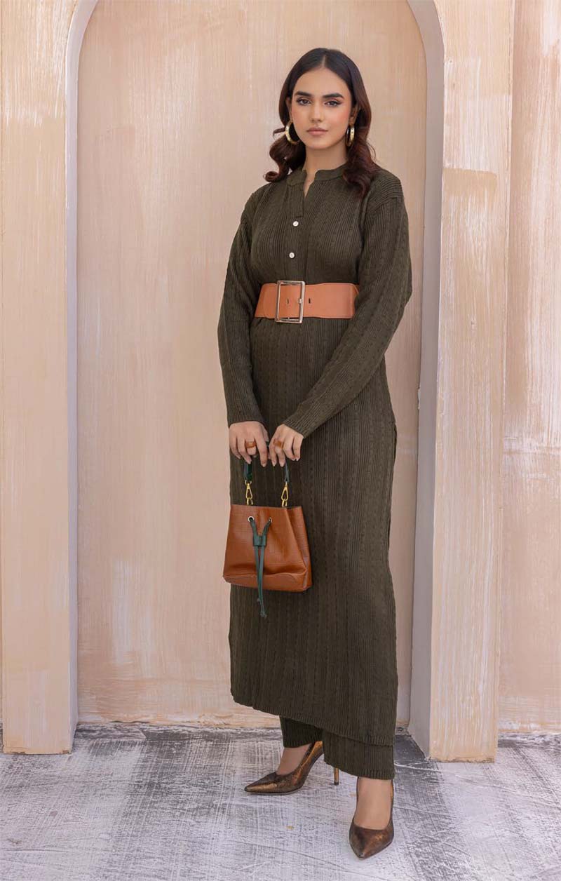Savera Knitted Long Co ord Set Olive Green - Desi Posh
