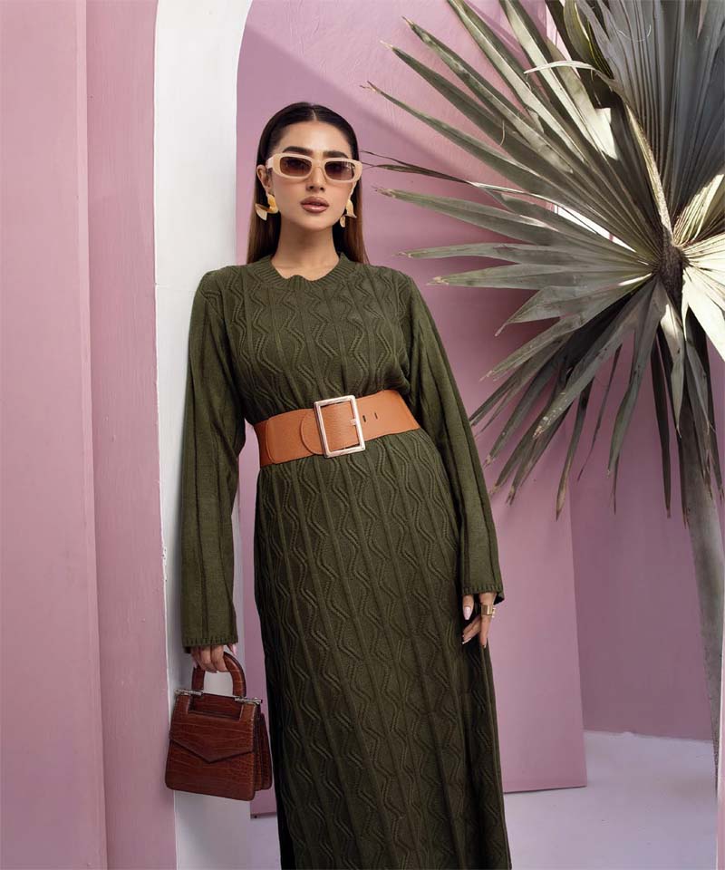 Aneesah Knitted Long Co ord Set Khaki - Desi Posh