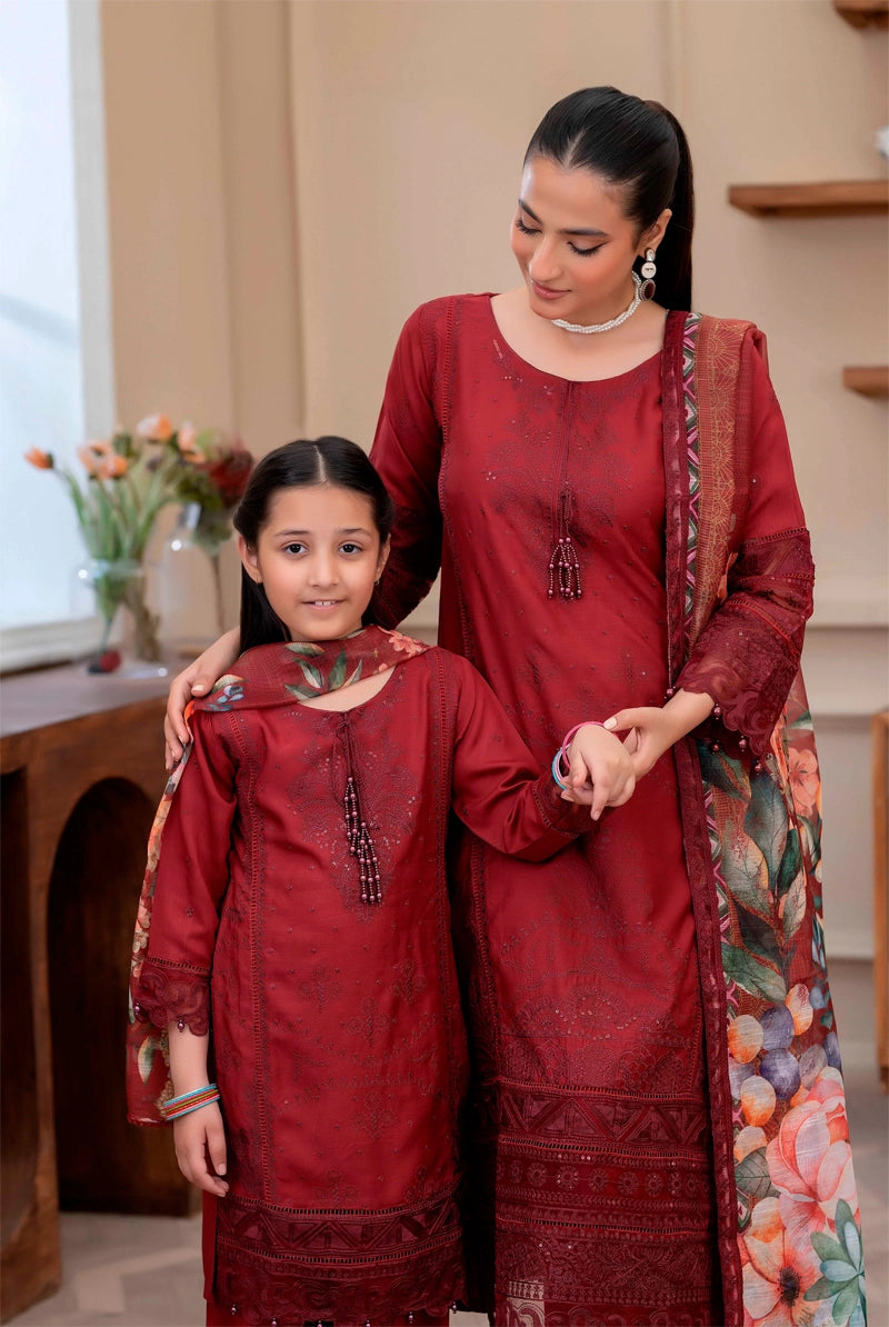 Sana Safinaz Inspired Viscose Red Chikan Kari Mummy & Me Girls Eid Outfit - Desi Posh