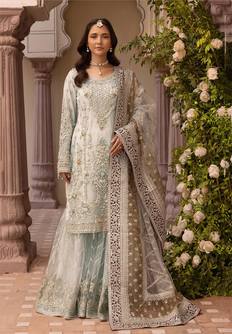 Imrozia Premium Inspired Embroidered Mint Blue 3 Piece Wedding Gharara Outfit