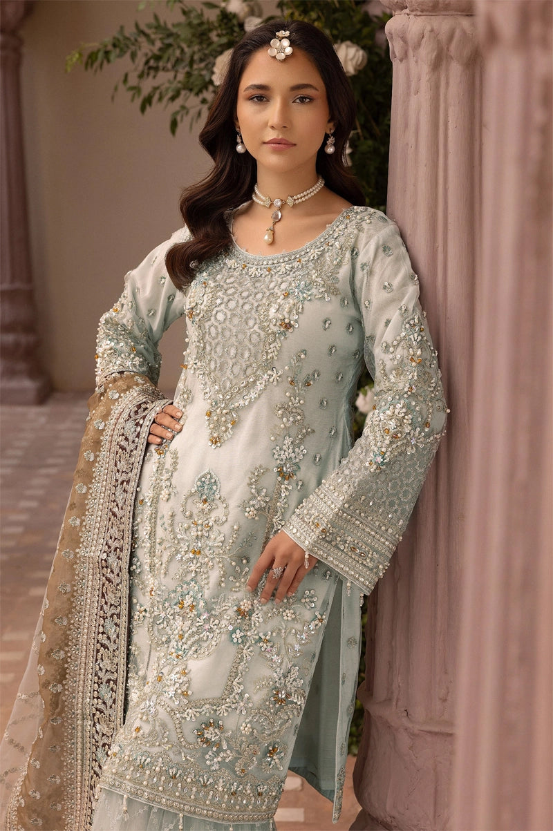 Imrozia Premium Inspired Embroidered Mint Blue 3 Piece Wedding Gharara Outfit