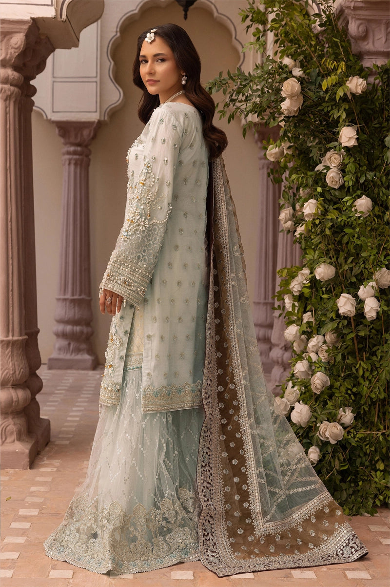 Imrozia Premium Inspired Embroidered Mint Blue 3 Piece Wedding Gharara Outfit