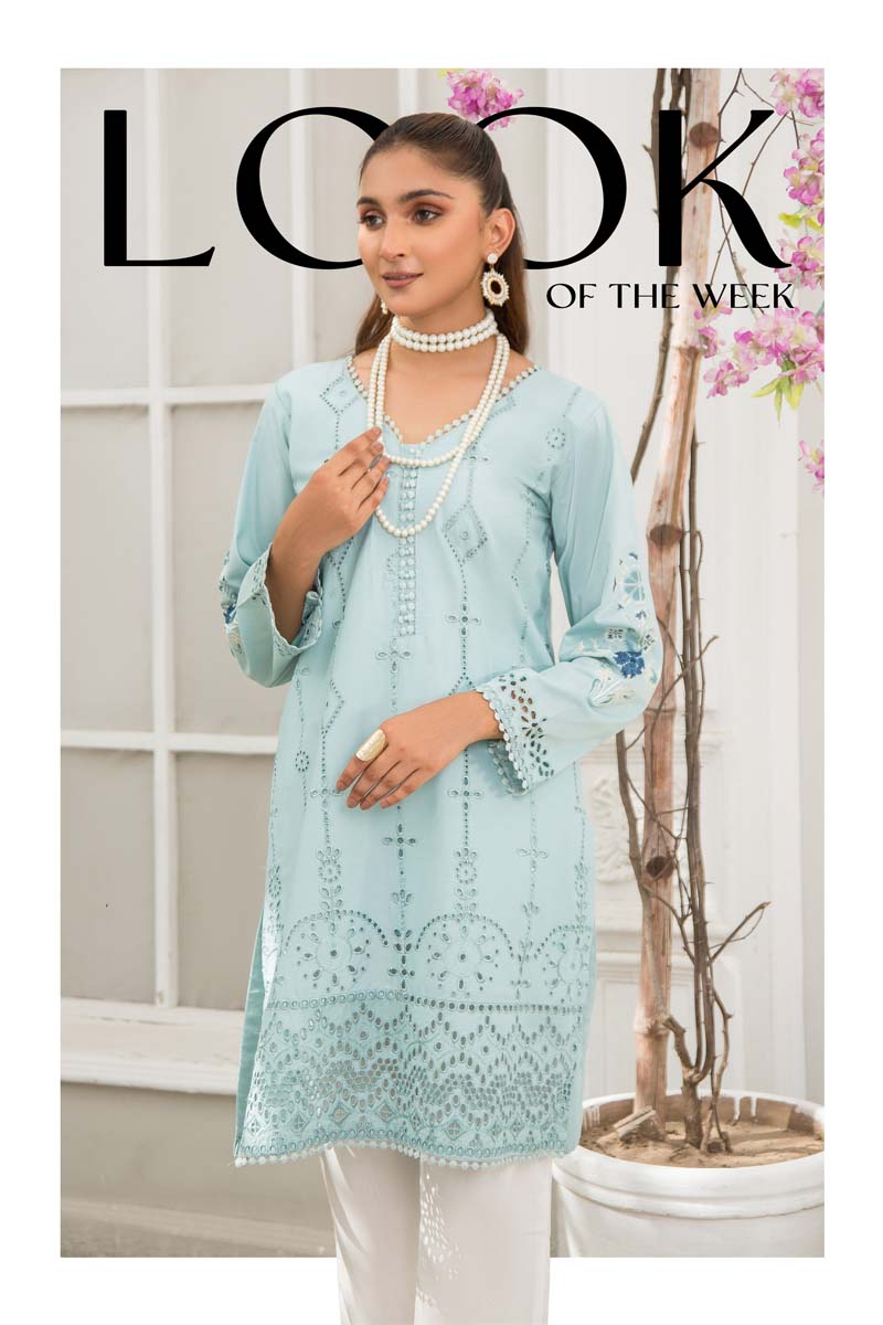 Image Inspired Cotton Aqua Teal Chikan Embroidered Kurta - Desi Posh