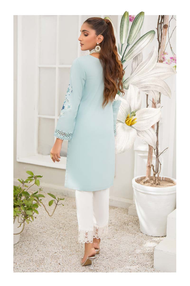 Image Inspired Cotton Aqua Teal Chikan Embroidered Kurta - Desi Posh