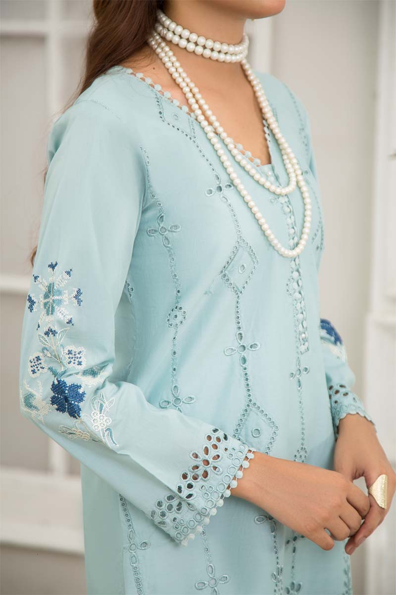 Image Inspired Cotton Aqua Teal Chikan Embroidered Kurta - Desi Posh