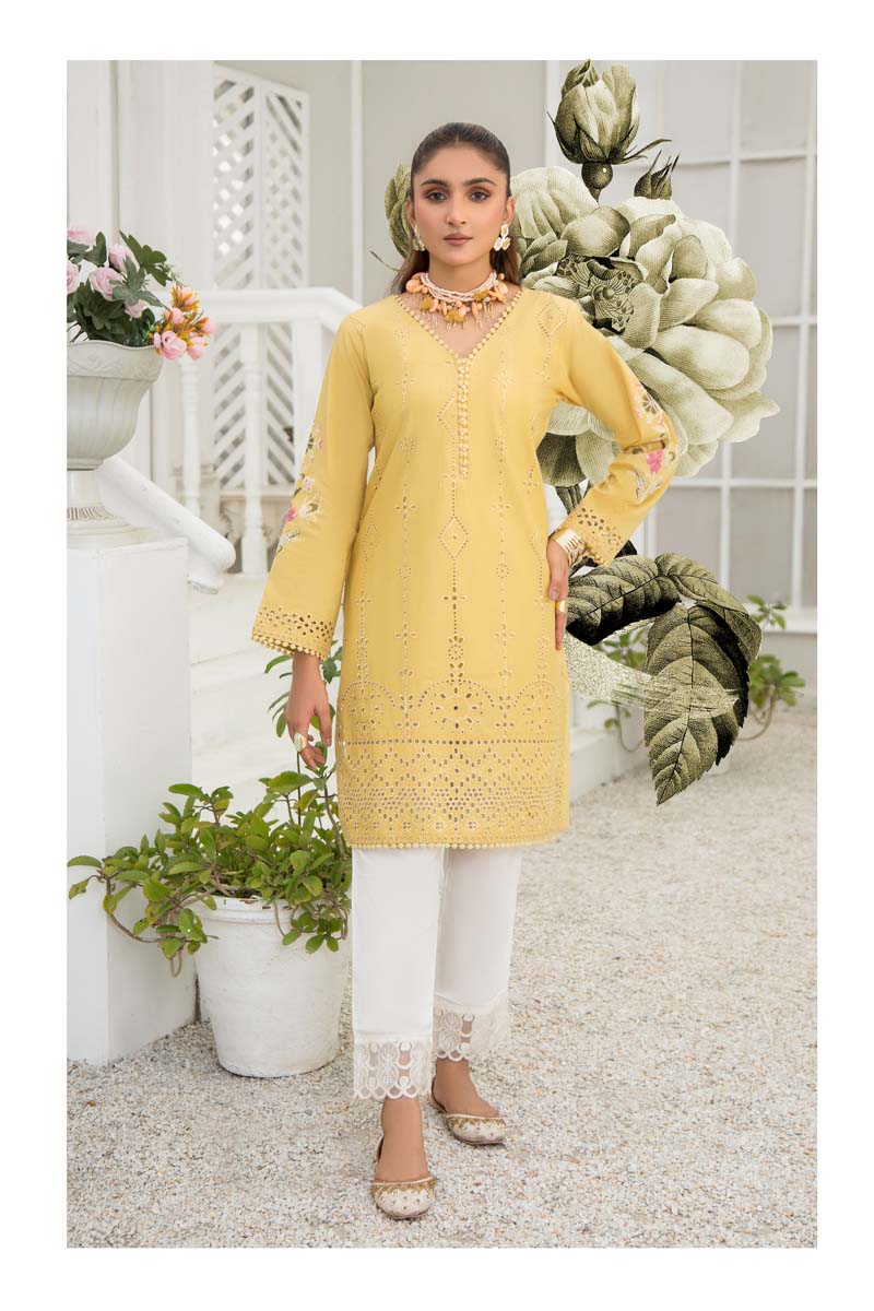 Image Inspired Cotton Mustard Chikan Embroidered Kurta - Desi Posh