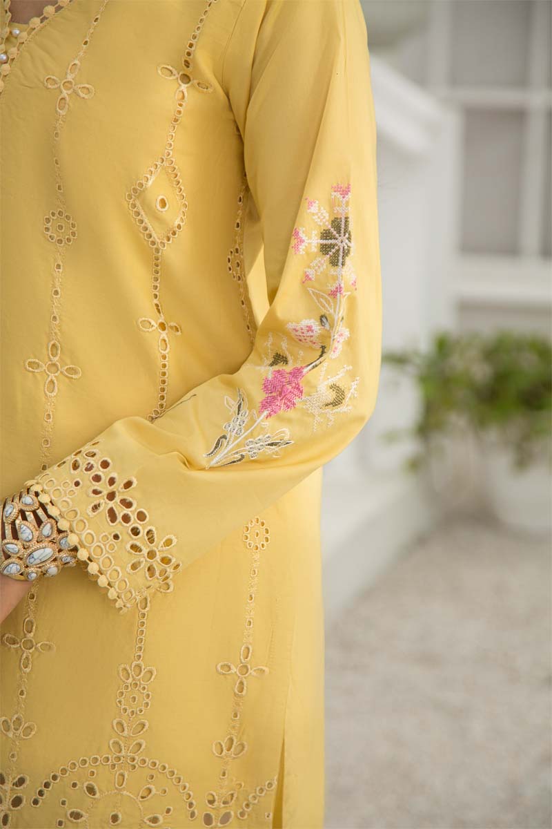 Image Inspired Cotton Mustard Chikan Embroidered Kurta - Desi Posh