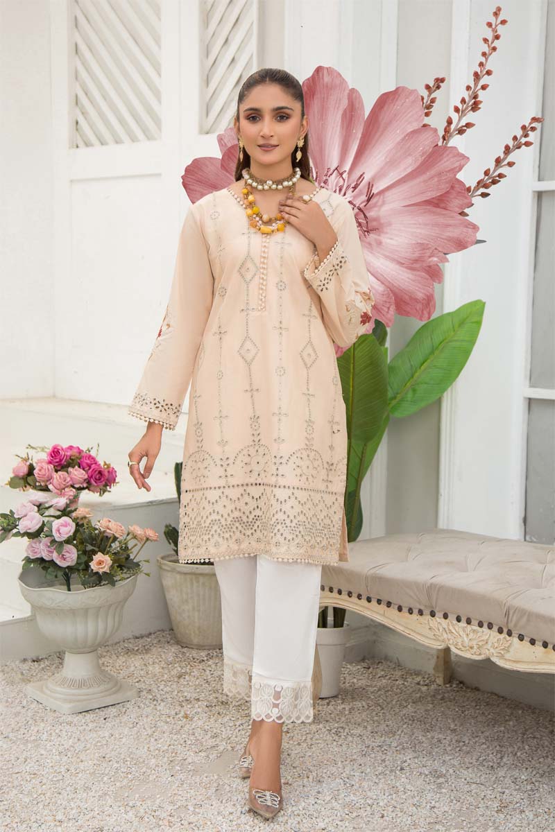 Image Inspired Cotton Light Peach Chikan Embroidered Kurta - Desi Posh