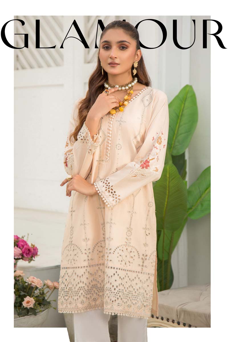 Image Inspired Cotton Light Peach Chikan Embroidered Kurta - Desi Posh