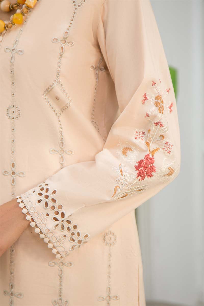 Image Inspired Cotton Light Peach Chikan Embroidered Kurta - Desi Posh