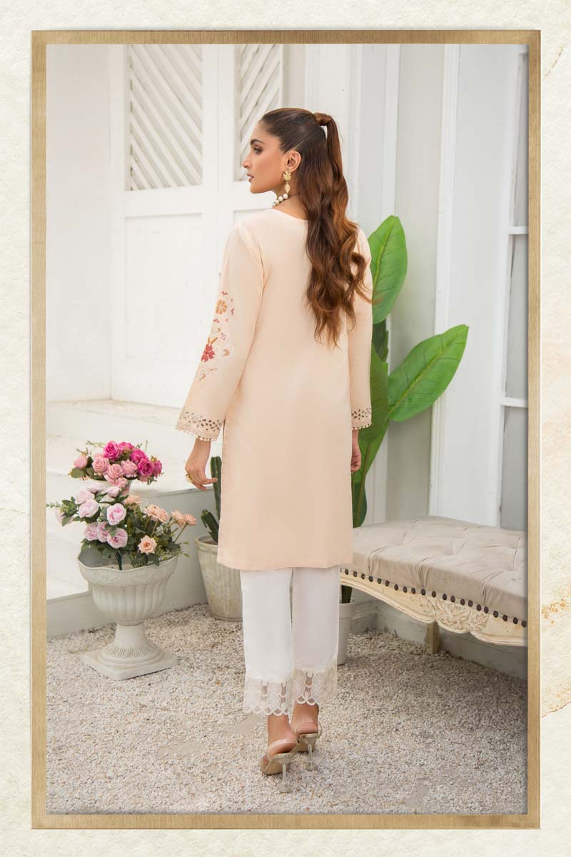 Image Inspired Cotton Light Peach Chikan Embroidered Kurta - Desi Posh