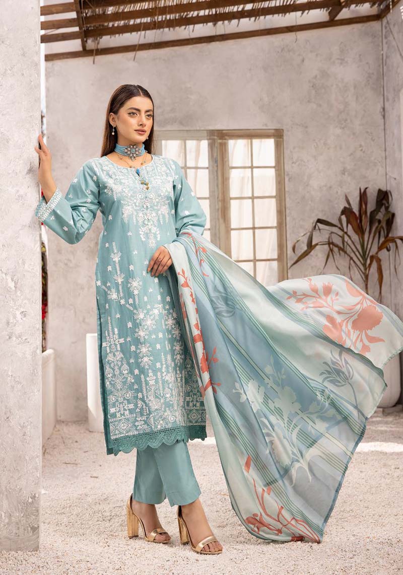 Limelight inspired 3 Piece Turquoise Cotton Outfit With Silk Dupatta - Desi Posh