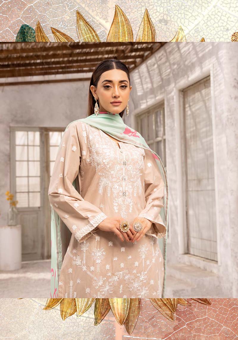 Limelight inspired 3 Piece Beige Cotton Outfit With Silk Dupatta - Desi Posh