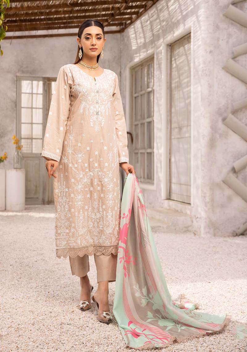 Limelight inspired 3 Piece Beige Cotton Outfit With Silk Dupatta - Desi Posh