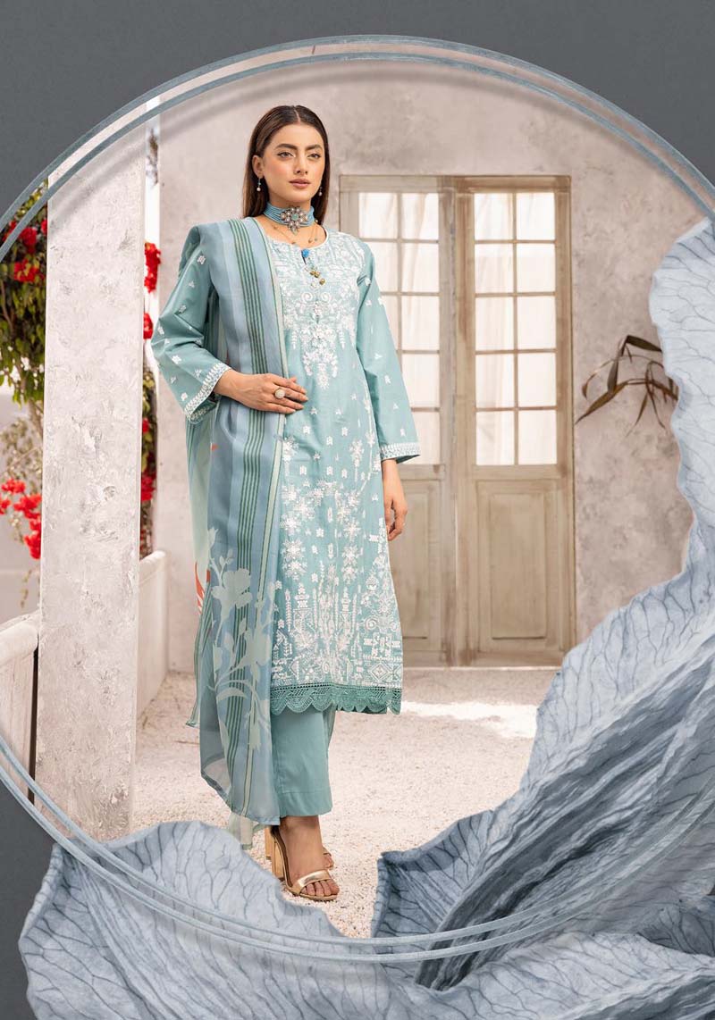 Limelight inspired 3 Piece Turquoise Cotton Outfit With Silk Dupatta - Desi Posh