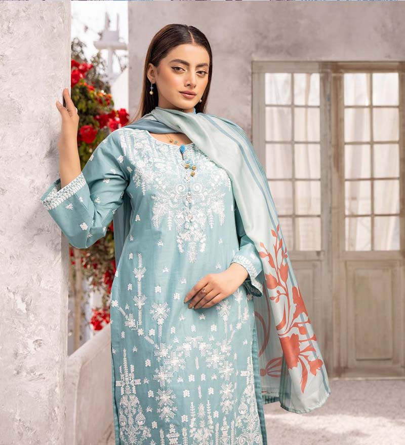 Limelight inspired 3 Piece Turquoise Cotton Outfit With Silk Dupatta - Desi Posh