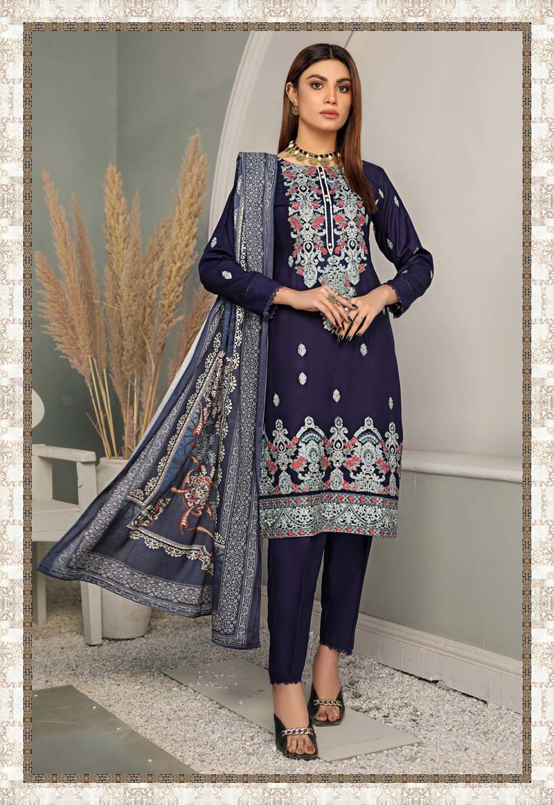 Haseen Linen Embroidered 3 Piece Outfit With Shawl WS10 - Desi Posh