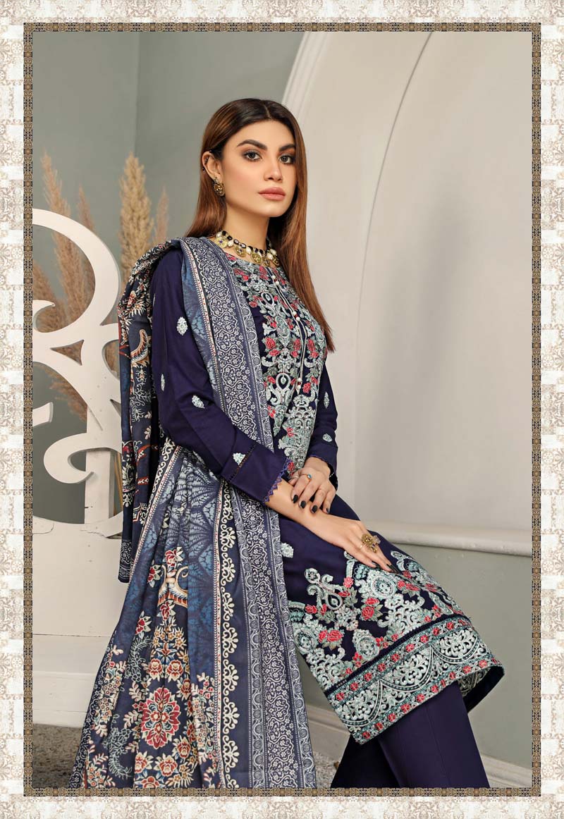 Haseen Linen Embroidered 3 Piece Outfit With Shawl WS10 - Desi Posh