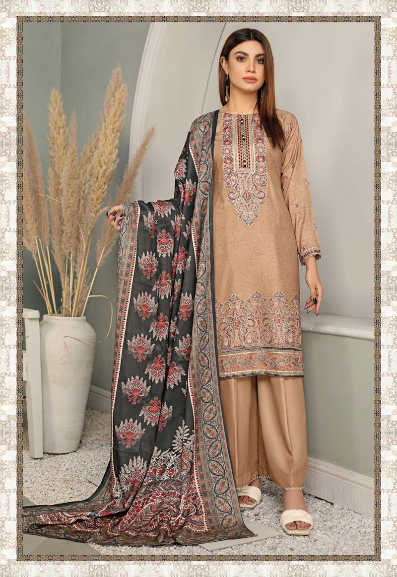 Haseen Linen Embroidered 3 Piece Outfit With Shawl WS15 - Desi Posh