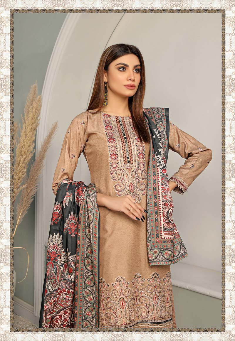 Haseen Linen Embroidered 3 Piece Outfit With Shawl WS15 - Desi Posh