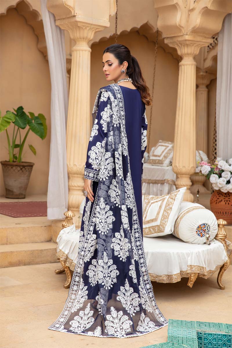 Marea Navy Linen Embroidered 3 Piece Suit With Organza Dupatta - Desi Posh