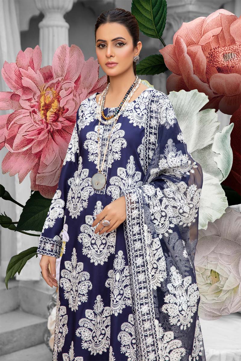 Marea Navy Linen Embroidered 3 Piece Suit With Organza Dupatta - Desi Posh