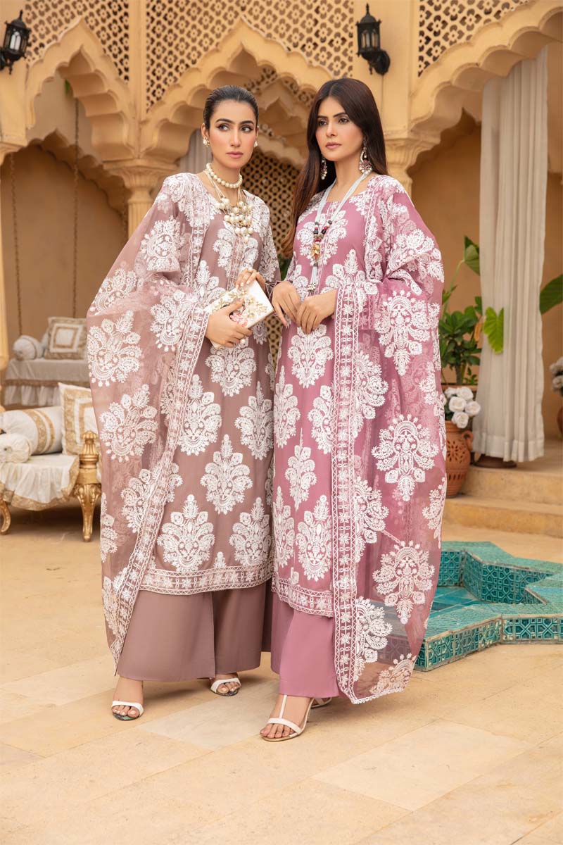 Marea Mauve Linen Embroidered 3 Piece Suit With Organza Dupatta - Desi Posh