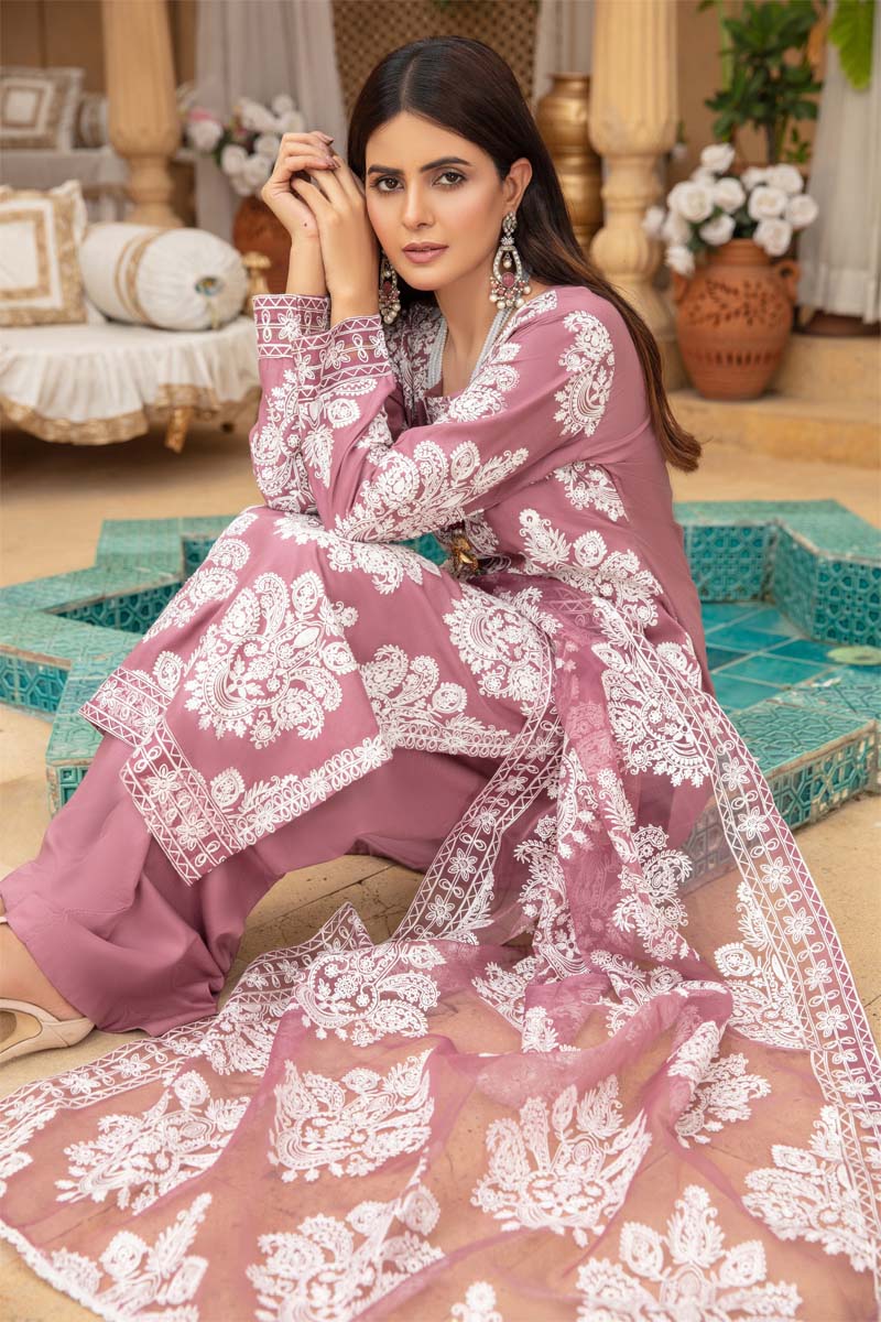 Marea Mauve Linen Embroidered 3 Piece Suit With Organza Dupatta - Desi Posh