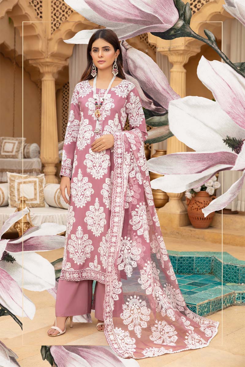 Marea Mauve Linen Embroidered 3 Piece Suit With Organza Dupatta - Desi Posh