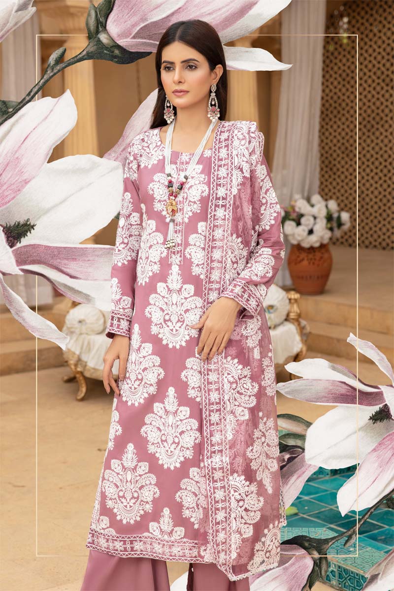 Marea Mauve Linen Embroidered 3 Piece Suit With Organza Dupatta - Desi Posh