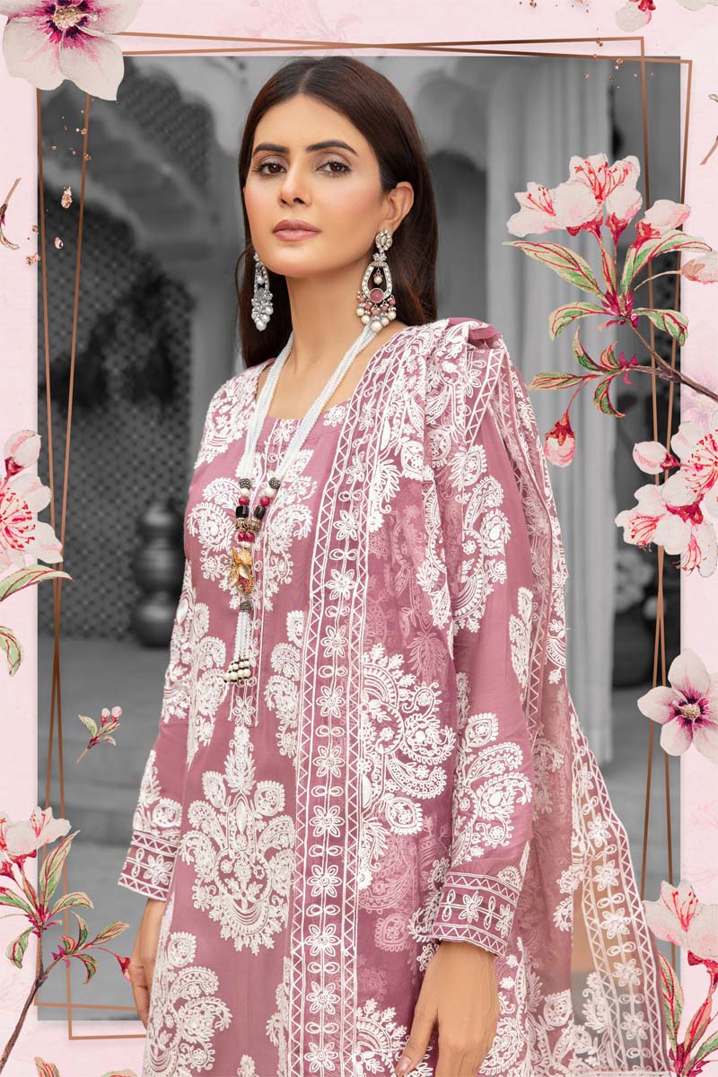 Marea Mauve Linen Embroidered 3 Piece Suit With Organza Dupatta - Desi Posh