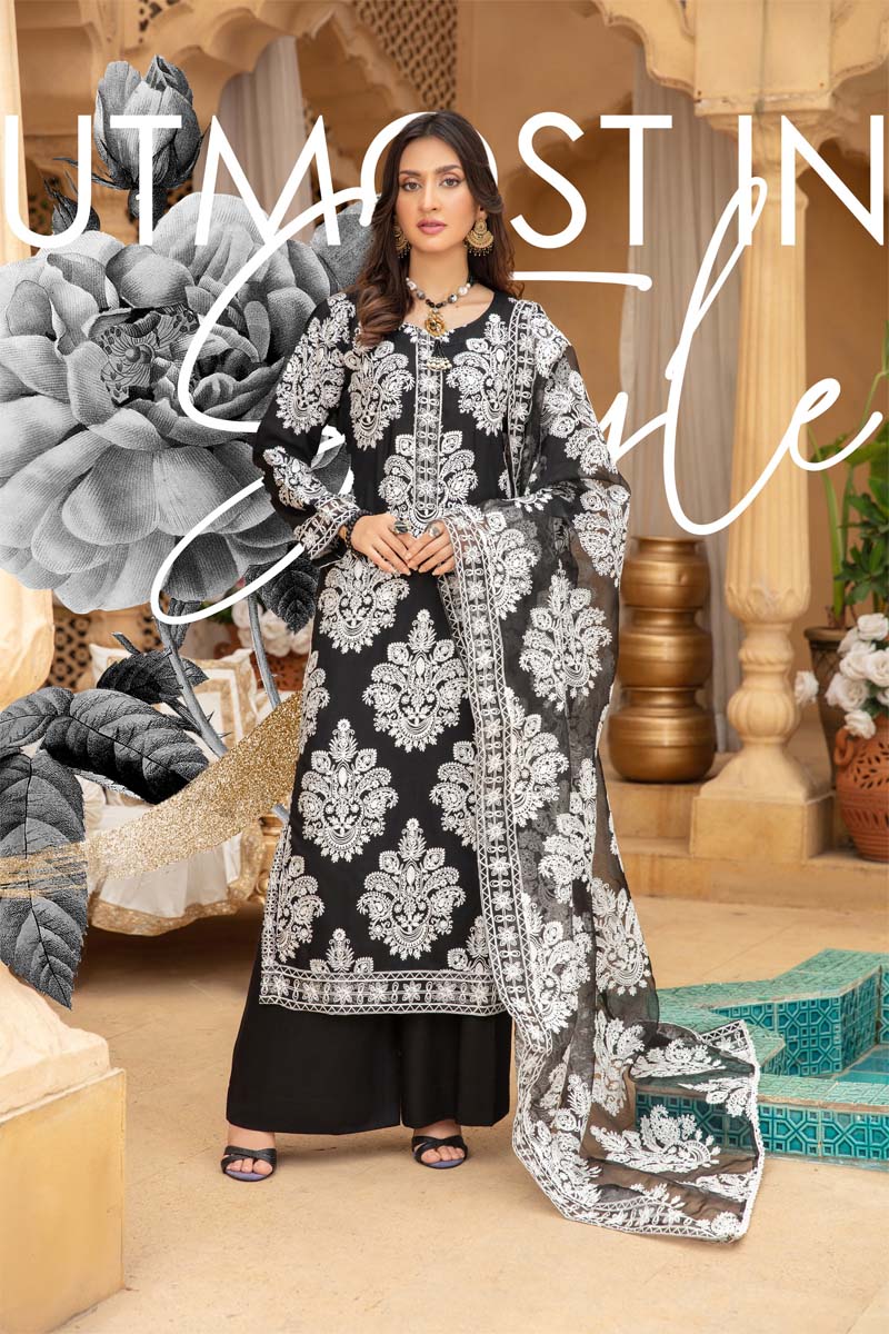 Marea Black Linen Embroidered 3 Piece Suit With Organza Dupatta - Desi Posh