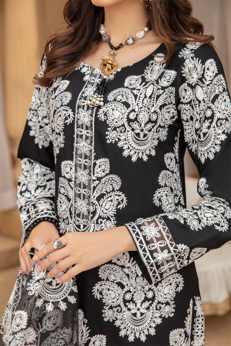 Marea Black Linen Embroidered 3 Piece Suit With Organza Dupatta - Desi Posh
