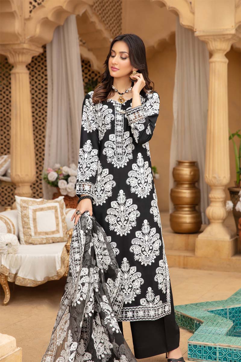 Marea Black Linen Embroidered 3 Piece Suit With Organza Dupatta - Desi Posh