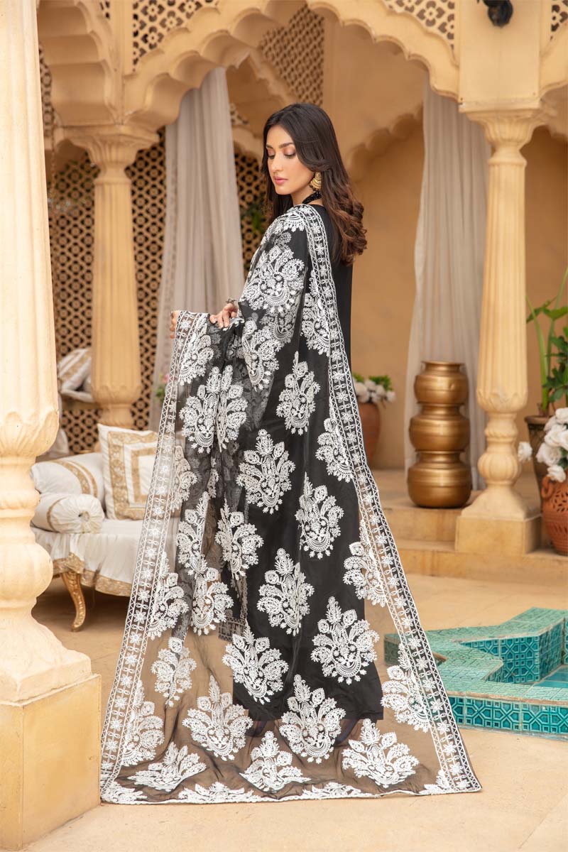 Marea Black Linen Embroidered 3 Piece Suit With Organza Dupatta - Desi Posh