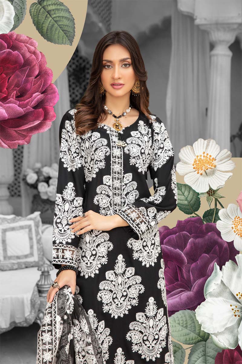 Marea Black Linen Embroidered 3 Piece Suit With Organza Dupatta - Desi Posh