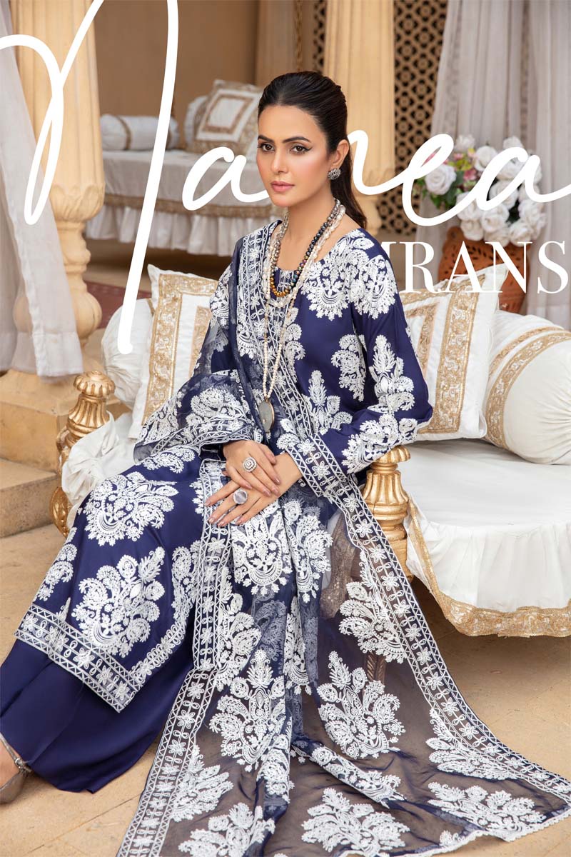 Marea Navy Linen Embroidered 3 Piece Suit With Organza Dupatta - Desi Posh