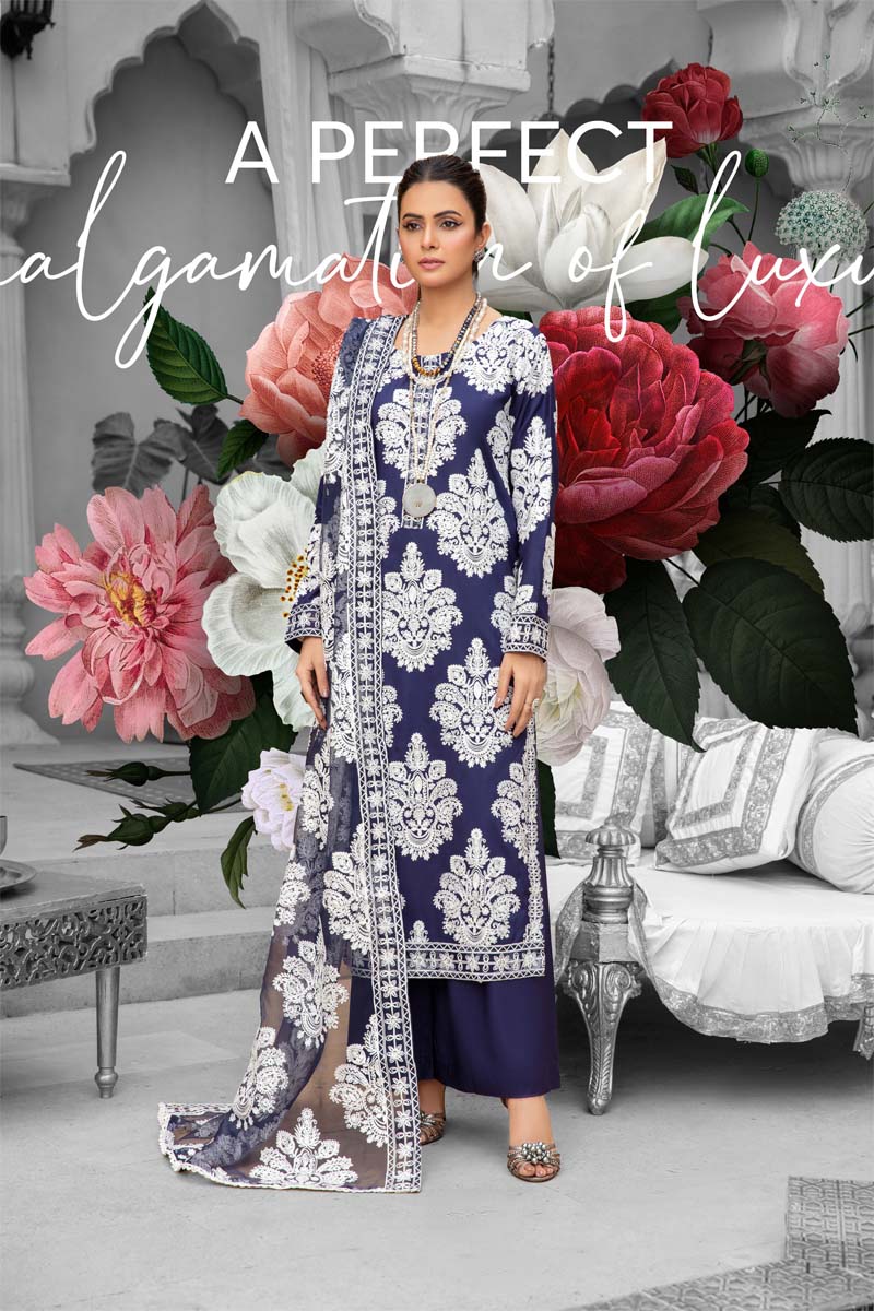 Marea Navy Linen Embroidered 3 Piece Suit With Organza Dupatta - Desi Posh