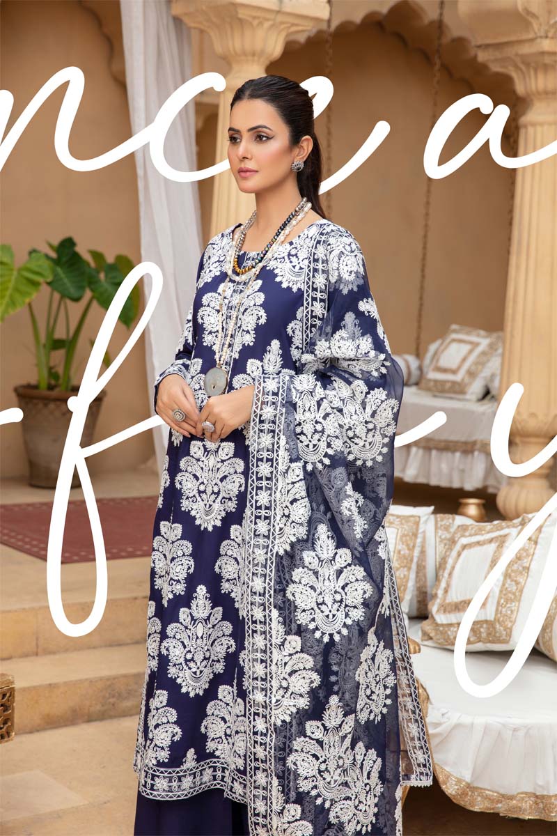 Marea Navy Linen Embroidered 3 Piece Suit With Organza Dupatta - Desi Posh