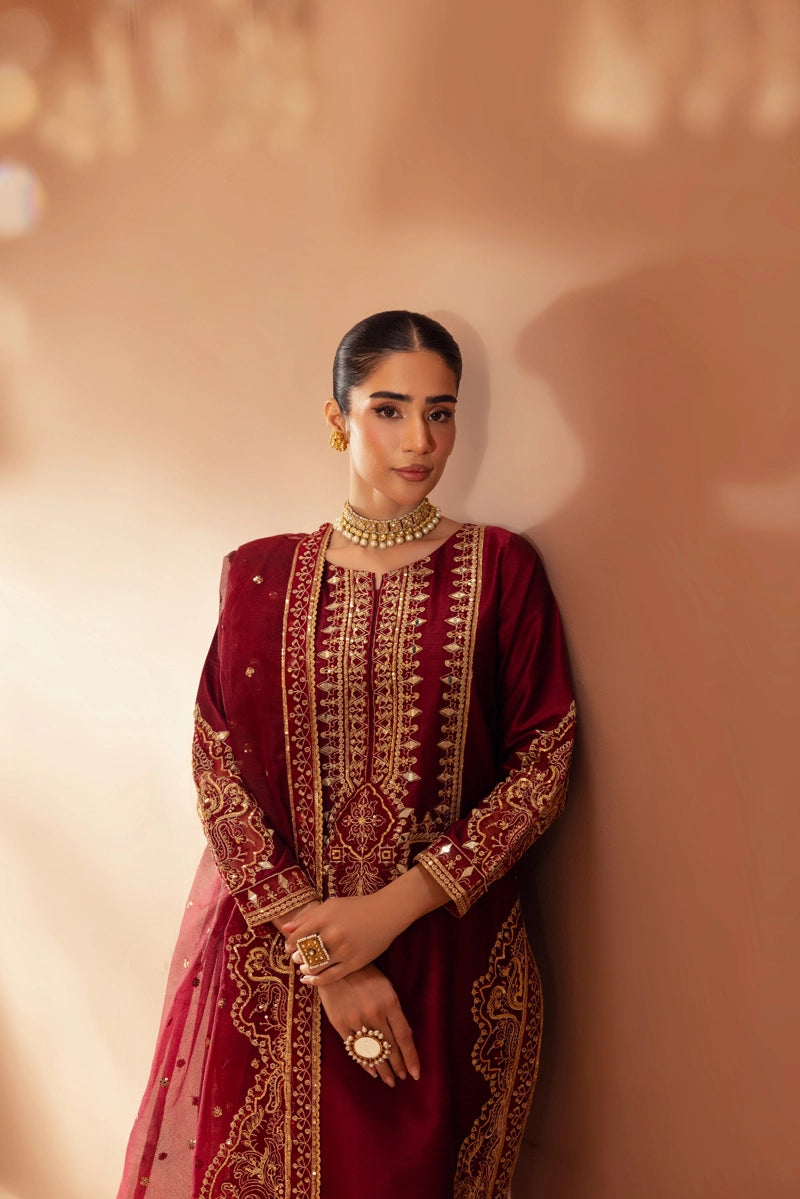 Heer Luxe Premium Raw Silk Eid Collection 3 Piece Suit Maroon D3