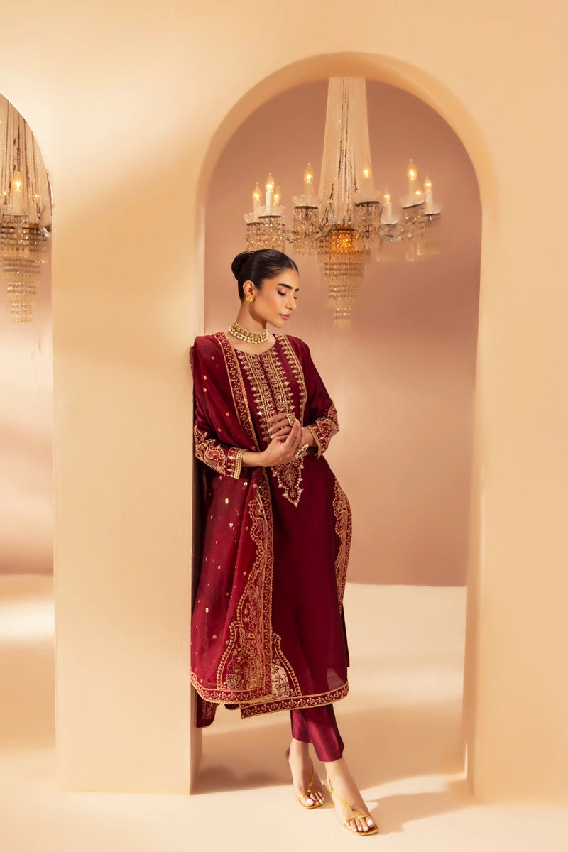 Heer Luxe Premium Raw Silk Eid Collection 3 Piece Suit Maroon D3
