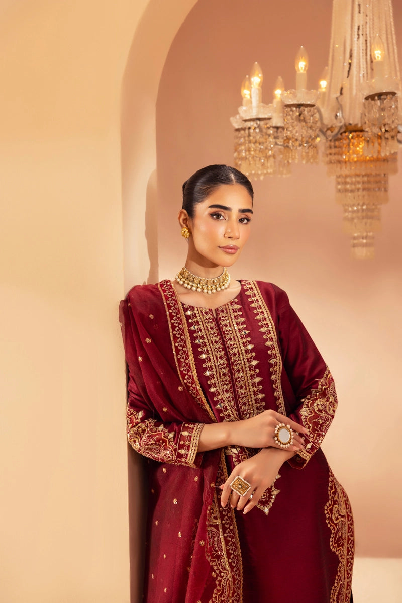 Heer Luxe Premium Raw Silk Eid Collection 3 Piece Suit Maroon D3